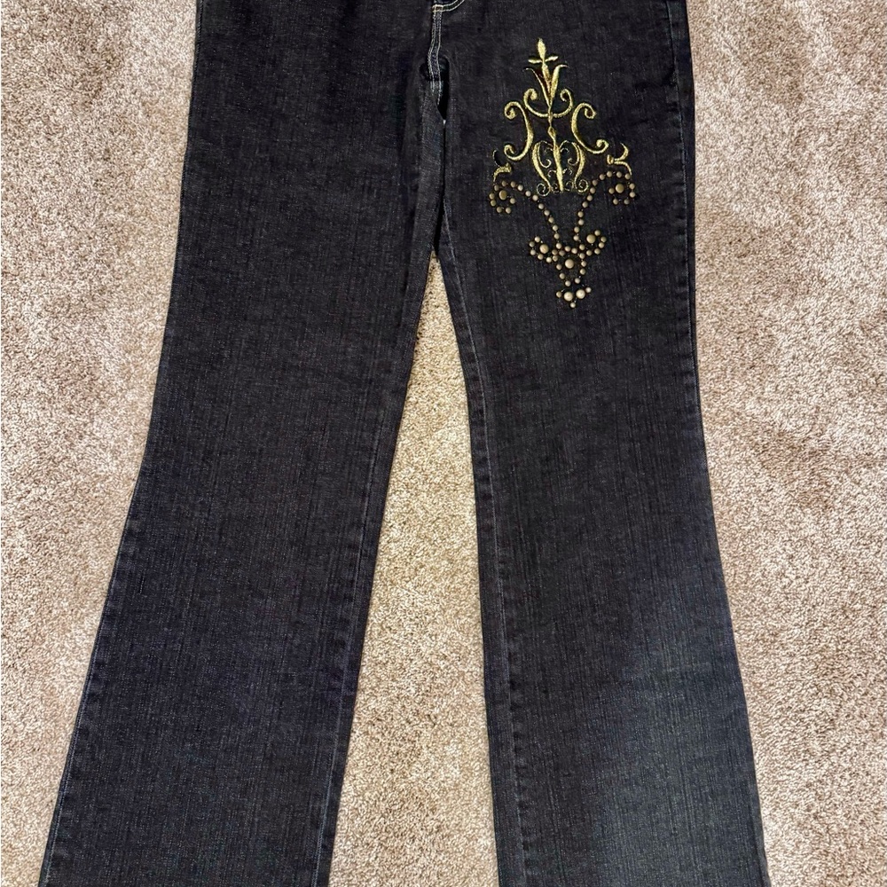 Cerevelle Black Denim Embellished Wide Leg Jeans Size 8